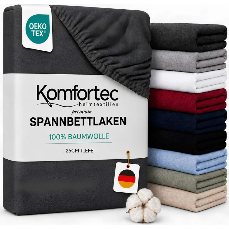 Komfortec Spannbettlaken Jersey 100% Baumwolle 140x200 bis 25 cm - Anthrazit