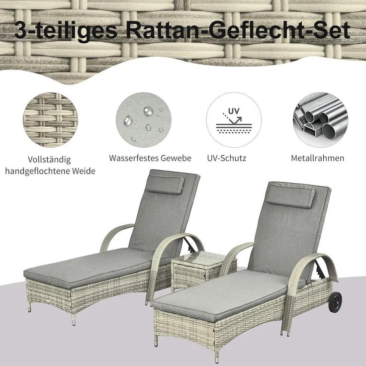 Outsunny Gartenliege Tisch 3er-Set Gartenmöbel, Polyrattan+Metall Grau, Liege, 3 St, Sonnenliege, Modern, Stabil, Praktisch, Witterungsbeständig – Bild 5