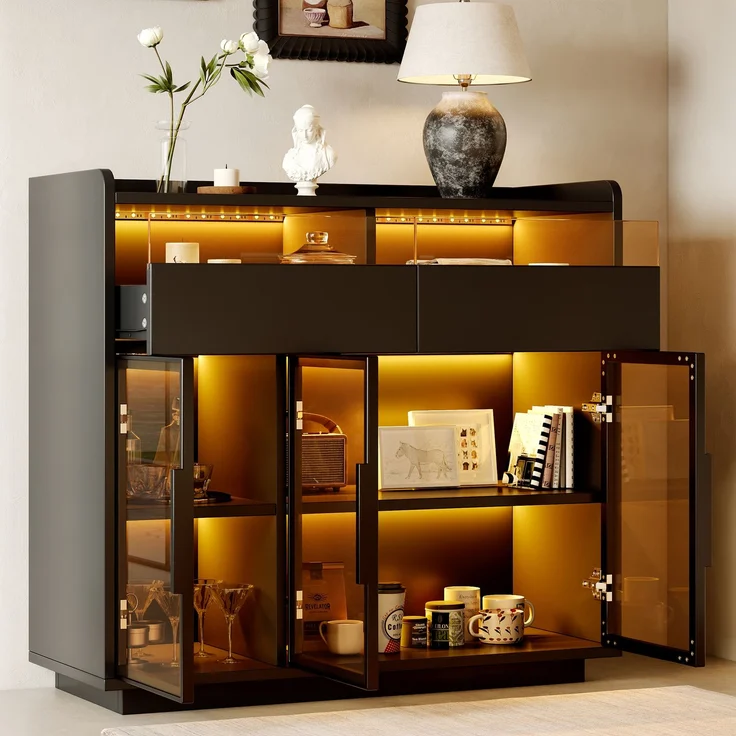 Flieks Sideboard mit LED-Beleuchtung, getöntem Sicherheitsglas, 2 Glasschubladen und mehrfarbiger, 100 x 40 x 91.5 cm, Schwarz – Bild 3