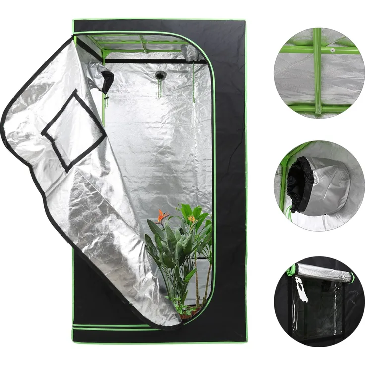 Eikuavons Growbox Indoor Pflanzzelt mit Reißverschluss, Kabelöffnungen und reflektierender Innenfolie 100x100x200cm, Polyestergewebe, schwarz