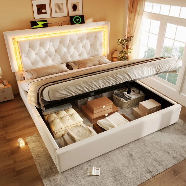 Polsterbett Doppelbett Samt mit LED-Diamantstreifen, USB & Type-C Ladestation, hydraulischem Stauraum Beige H 104 cm x T 209 cm x B 187 cm – Bild 5