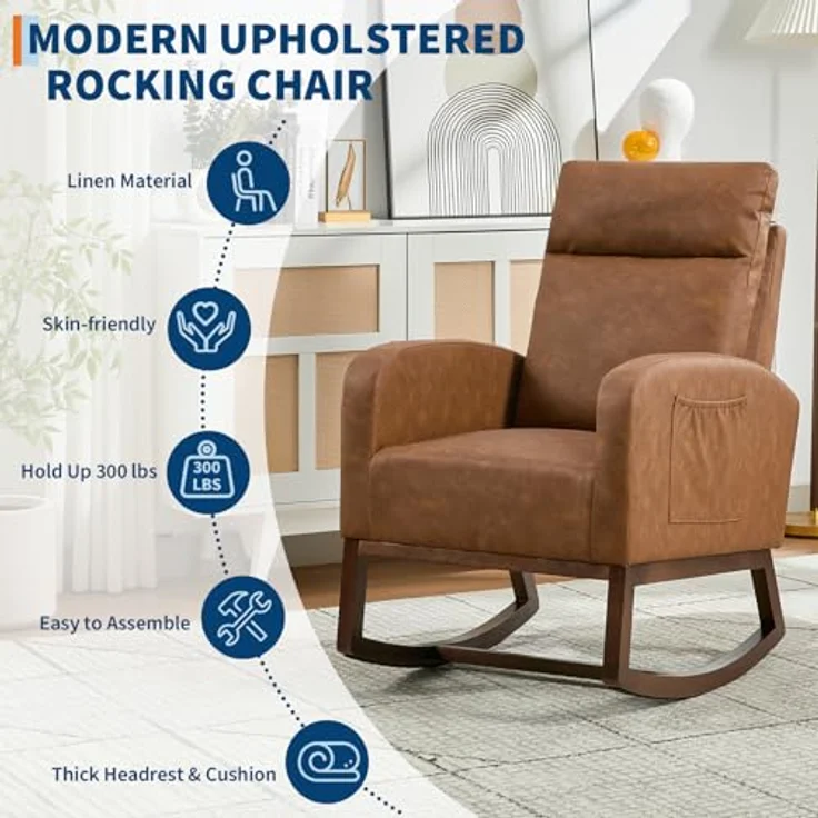 GarveeLife Stillschaukelstuhl für Kinderzimmer, PU-Leder Schaukelstuhl mit 66 cm hohem Rückenlehne, Moderner Relaxstuhl für Wohnzimmer, Schlafzimmer & Leseecke – Braun – Bild 6