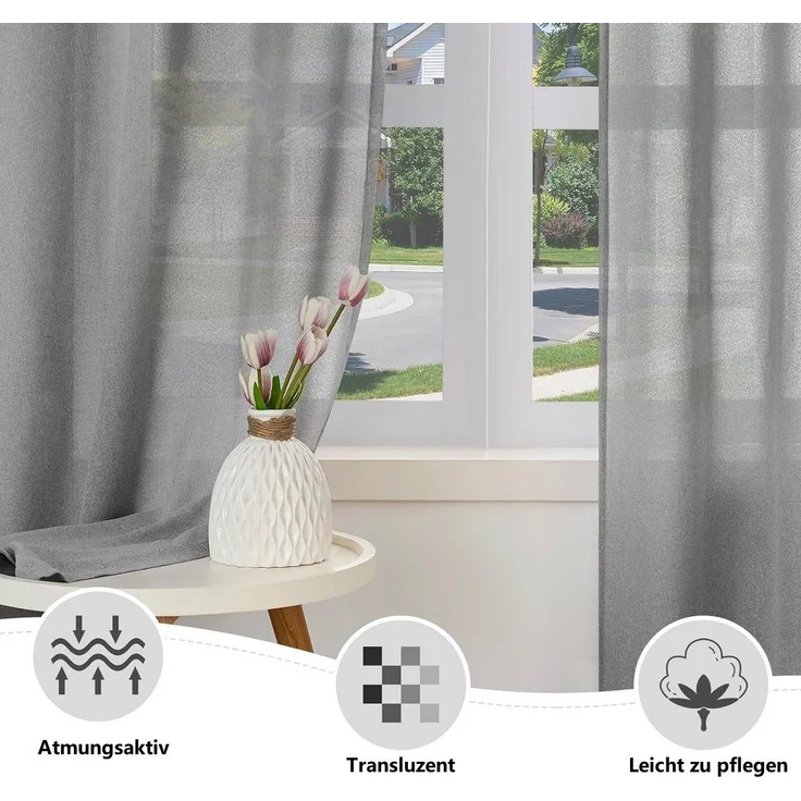 Woltu Gardine (2 St), Kräuselband, halbtransparent, Vorhänge Leinenoptik – Bild 2