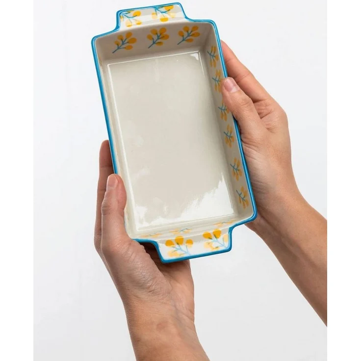 Tranquillo Backform Kleine Steinzeug Kuchenform FLORAL 300ml 21x10.5x4.5 cm handgestempelt, (Einzelartikel), Backform mit floralem Dekor und gleichmäßiger Wärmeverteilung – Bild 3