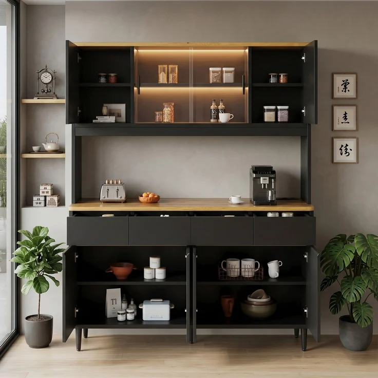 Buffetschränke, Esszimmer-Hochschrank 160*40*185 cm, mehrstufigem Stauraum, integrierter Steckdose sowie USB-C- und USB-A-Anschlüssen,Mit farbigem Lichtstreifen, Schwarz + Eiche – Bild 3