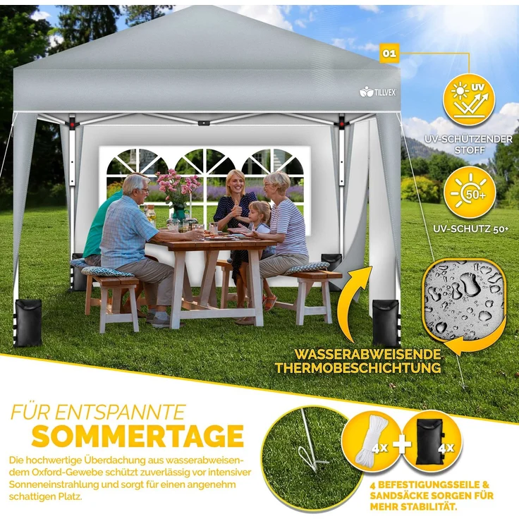 tillvex Pavillon 3x3m Grau wasserdicht mit 2 Seitenteilen + 4er Set Sandsäcke | Pop-Up Faltpavillon stabil & höhenverstellbar | Gartenzelt UV Schutz 50+ | Partyzelt mit Tasche für Garten – Bild 8