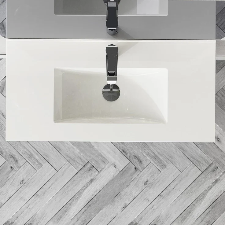 Baikal, Natura Badezimmermöbel mit reduziertem Boden, mit Keramikwaschbecken, Aufteilung mit Zwei Schubladen, montierter Schrank, Zwei Schubladen ohne Spiegel, Tiefe 39 cm, 90 cm, Asche – Bild 7