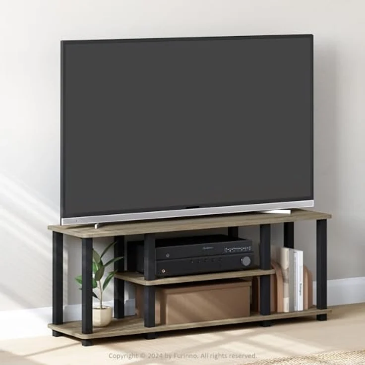Furinno Entertainment/TV-Regal mit unterschiedlichen Ablageflächen, Französische Eiche Grau/Schwarz, 29. 72x111. 25x41. 15 cm – Bild 3