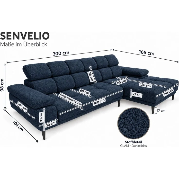 Ecksofa Schlafsofa SENVELIO RELAX in Stoff Glam Dunkelblau Ottomane Links – Bild 6