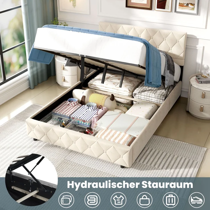 Polsterbett 140x200 cm mit Aufbewahrungsbox, Beige, Kunstleder, Lattenrost (ohne Matratze) – Bild 6