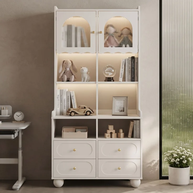 Vitrine 80x40x180 cm in Weiß mit Rippglastür, LED-Beleuchtung und 4 Schubladen – Bild 3
