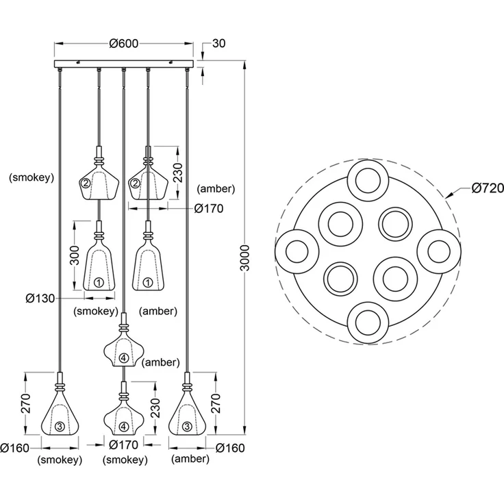 LED Cluster Pendelleuchte 8-flammig Glas Bernstein & Chrom verspiegelt, Ø 72cm – Bild 10