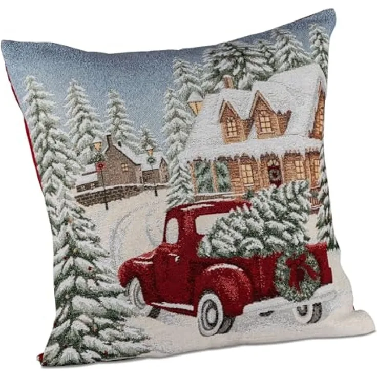 formano Weihnachtskissen 45 cm mit Auto + Baum-Motiv Deko Kissen mit Füllung ohne Reißverschluss - Weihnachten – festliches Sofakissen – Rückseite rot – Winter Dekoration