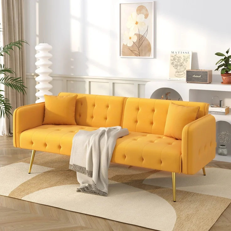 Sofabett 2-in-1 Samt,Zweisitzer mit verstellbarer Rückenlehne & Armlehnen, zum Gästebet,Gelb – Bild 4