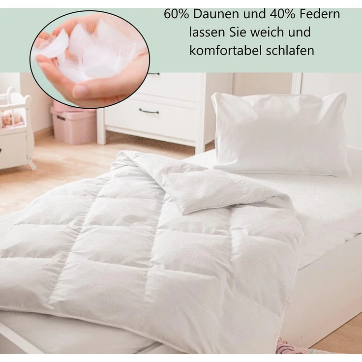 Welt der Träume Kinderbettdecke + Kopfkissen Daunen Kinder Baby Set Bettdecke+Kopfkissen 100x35 cm/ 40x60 cm, Füllung: 60% Daunen/ 40% Federn, Designed in Germany - Made in Europe – Bild 6