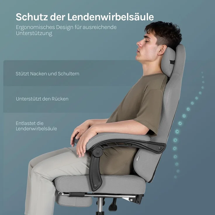 WOLTU Gaming Stuhl mit Massagefunktion, Computerstuhl mit Taschenfederkissen, Gamer Sessel ergonomisch, Drehstuhl mit Kopfkissen, Lendenkissen, Fußstütze, 150 kg, Netzstoff, Grau + Gelb, GS08gr – Bild 5