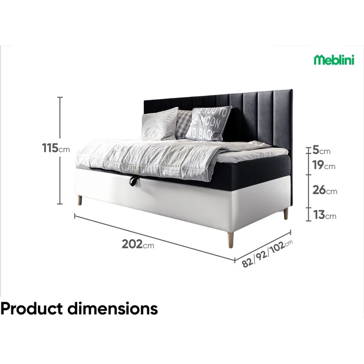 MEBLINI Kinderbett mit Bettkasten MAYA 2 90x200 – H3/Schwarz Samt Gepolstert Einzelbett mit Matratze - Polsterbett mit Stauraum - Bett mit Kopfteil – Stauraumbett – Bild 6