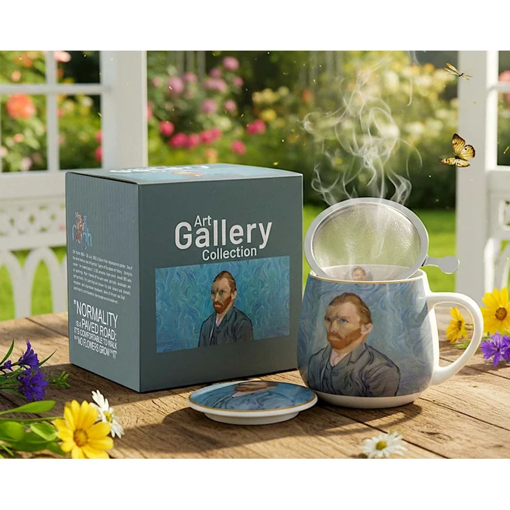 DUO ART GALLERY Fassbecher 430 ml mit Teesieb PORTRAIT OF Van Gogh, New Bone China Porzellan – Bild 7
