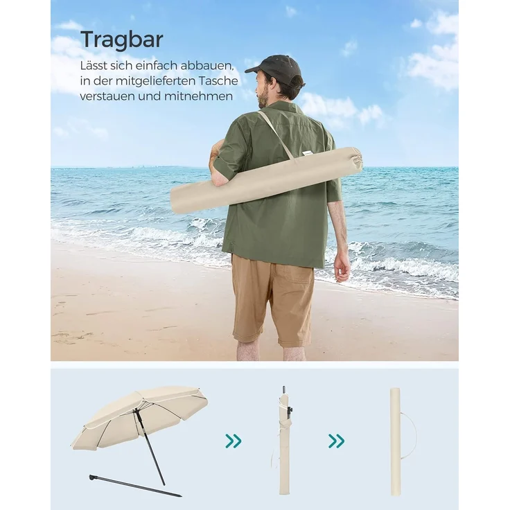 SONGMICS Sonnenschirm 160 cm, Sonnenschutz, UPF 50+, Strandschirm, beidseitig um 30° knickbar, höhenverstellbar, mit Tragetasche, für Balkon, Garten, Terrasse, Strand, ohne Ständer, beige GPU60WTV1 – Bild 8