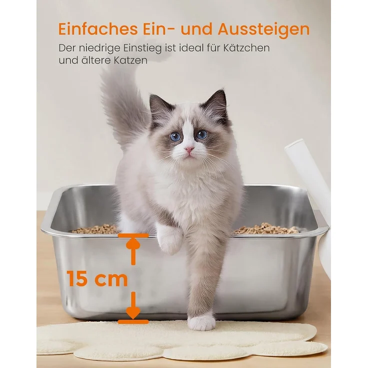 FEANDREA Großes Edelstahl Katzenklo Offen mit Hohem Rand Geruchsfrei 50 x 35 x 15 cm Silber – Bild 6