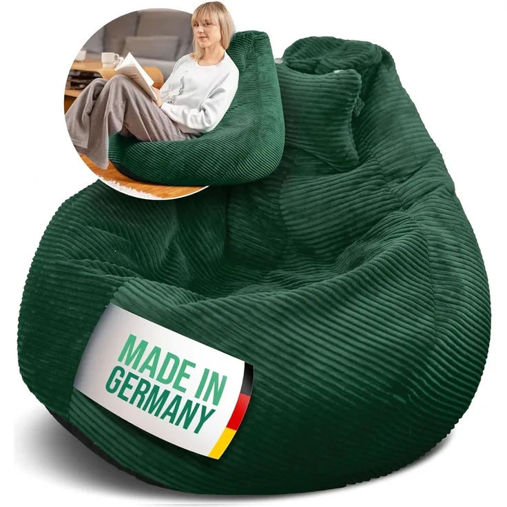 LazyCloud Sitzsack für Erwachsene mit integrierter [Nackenstütze] Cord | XXL Indoor Bean Bag mit Füllung | perfekt als Chill-, Lese- oder Gaming Sessel (90 x 80 x 70 cm) (Dunkelgrün)