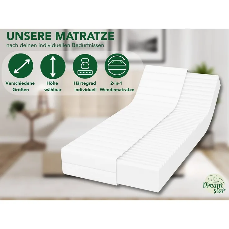 Kaltschaummatratze Easy Flex, 7-Zonen Matratze mit Duo-Härtegrad (H2/H3 & H3/H4), Dreamstar, wendbar, atmungsaktiv, ergonomisch - für jede Schlafposition