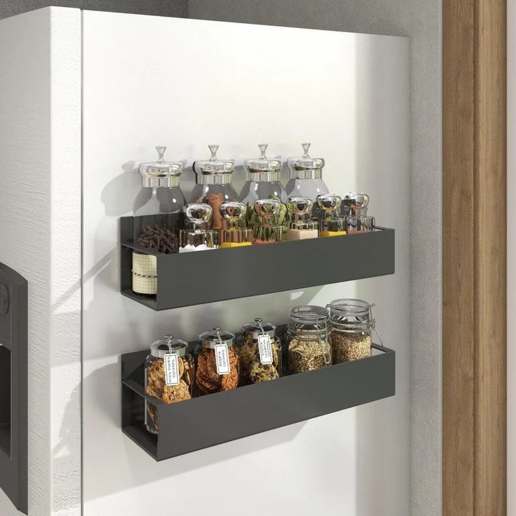 PFCTART Küchenorganizer-Set Hängeregal Küchenregal für Kühlschrank – 3-lagig & Metall, (Set, 1-tlg, Für Kühlschrank, Schrank & Möbel – Schwarz, Edelstahl), Ohne Bohren, inkl. Küchenreling & 7 Haken, starke Klebebefestigung – Bild 1