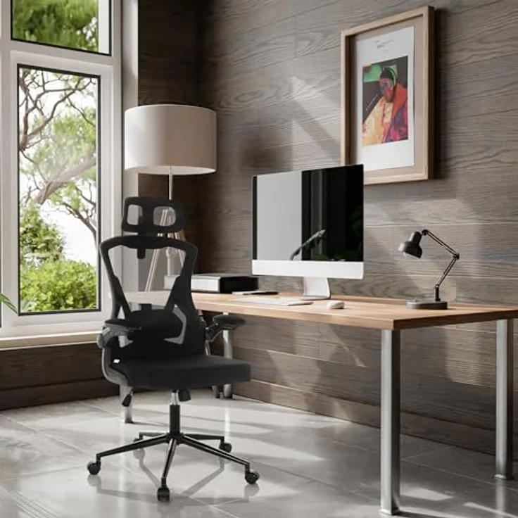 MID.YOU Drehstuhl Schwarz, Textil, 360° drehbar, ergonomische Rückenlehne, gepolsterte Armlehnen, Arbeitszimmer, Drehstuhl 60x117-124x60 cm – Bild 2