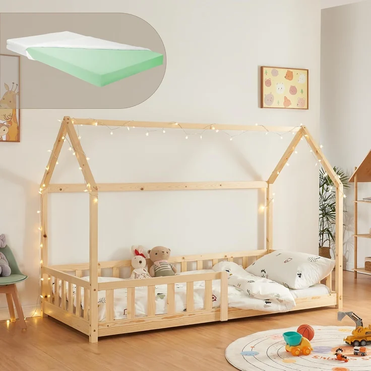 Hausbett Hesel, Kinderbett, Lattenrost und Matratze, Holzoptik, 90x200 cm – Bild 1