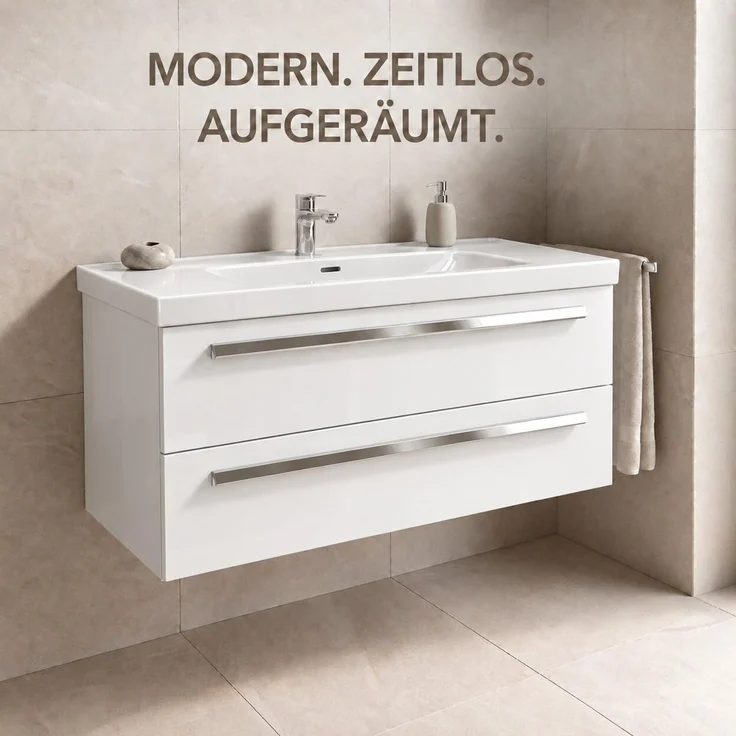 BADEDU TESSANO Waschbecken mit Unterschrank 90 cm breit, Weiß, Waschbecken Keramik Weiß – Bild 3