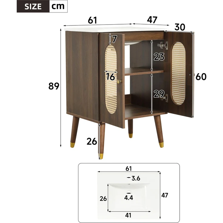 Waschbeckenunterschrank 61x47x89 cm mit Keramikwaschbecken, Rattantüren und Ablageböden – Bild 4