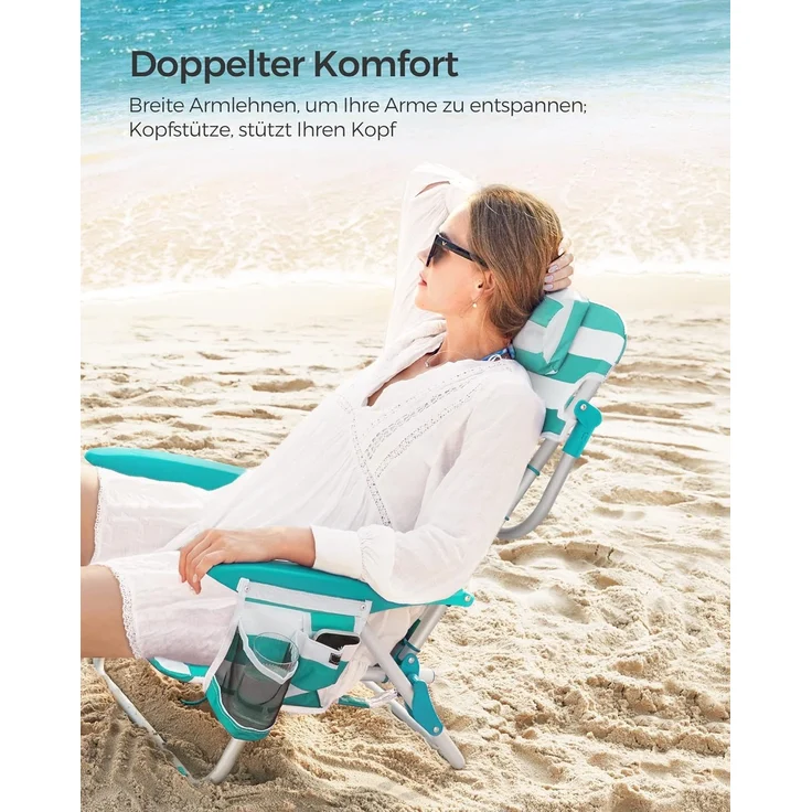 SONGMICS Strandstuhl, faltbar mit Schultergurt, verstellbarer Rückenlehne & Kopfstütze, Grün / Weiß – Bild 4