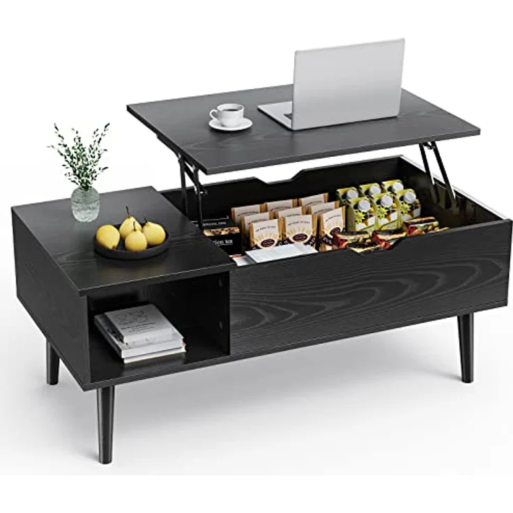 Sweetcrispy Couchtisch Höhenverstellbar, Tisch Wohnzimmertisch, offener und versteckter Stauraum Couchtisch, Sofatisch Beistelltisch, 100x50 cm Sofatisch aus Holz für Wohnzimmer, Schwarz – Bild 2