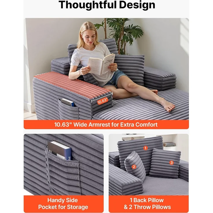 VEVOR Chaiselongue Relaxliege 138 cm, gepolstertes Schlafsofa mit Dekokissen & Armlehnen, Schlafcouch mit tiefer Sitzfläche für Wohnzimmer Schlafzimmer, Loungesessel aus hochelastischem Schwamm – Bild 7