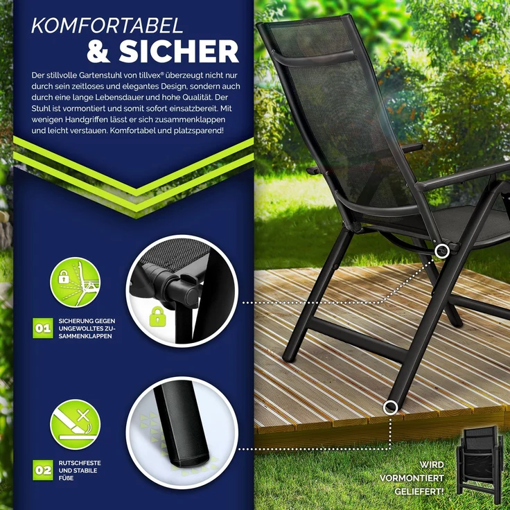 tillvex Gartenstuhl Premium 4 Stück Schwarz klappbar aus Aluminium | Hochlehner mit Armlehnen | Klappstuhl verstellbar | Klappsessel Balkon Garten Terrasse – Bild 5