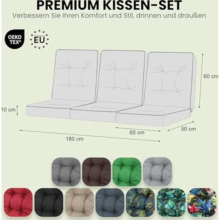 Bjird Bankauflage Venus 50 cm, 60 cm, 100 cm, 120 cm, 150 cm, 180 cm, (3 St), für Gartenbank und Hollywoodschaukel – Bild 7