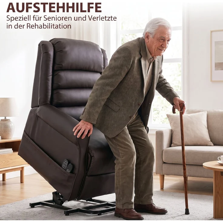 Wohnora-Elektrischer Aufstehsessel mit Vibrationsmassage und Wärmefunktion, Senioren-Sessel aus braunem PU-Leder,H 1060cm x T 1000cm x B 800cm,Dunkelbraun – Bild 5