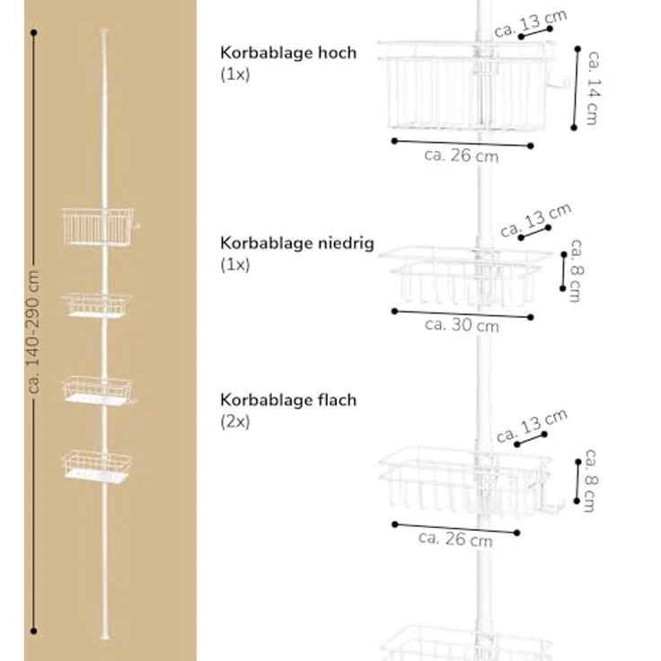 bremermann Teleskop-Badregal, 4 Körbe, Stahl weiß, 26 x 13 x 290 cm – Bild 9