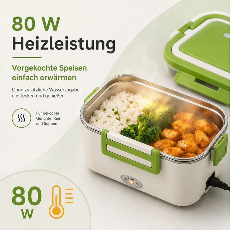 Fyrove Elektrische Lunchbox 80W Warmhaltebox Für Essen, 1,8L Aufwärmbehälter, (Für Essen 3-in-1 Electric Lunch Box, Selbsterhitzende Dosen, 12V/24V/230V für Arbeit & Auto), inkl. Besteck – Bild 3