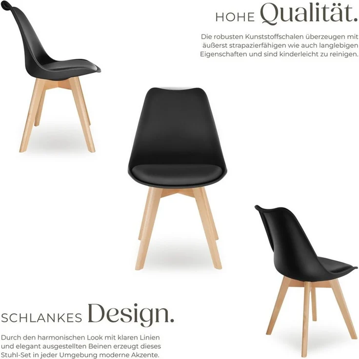 tectake Esszimmerstuhl Küchenstuhl Scandi-Design, gepolsterte Sitzfläche, 49 x 53 x 82 cm (Polsterstuhl Frederikke in schwarz, 4 St), ergonomische Form, massive Holzbeine, bodenschonende Filzgleiter – Bild 3
