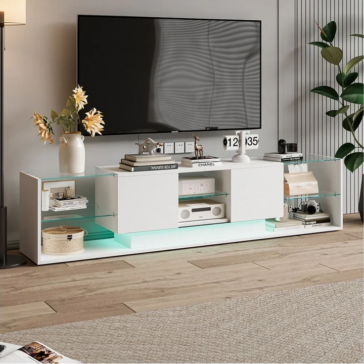 FUROKOY Lowboard Hochglanz-TV-Schrank, für bis 75 Zoll (Fernsehtisch, Fernsehschrank, TV Board), für Wohnzimmer und Schlafzimmer, 200 x 35 x 45 cm, Weiß