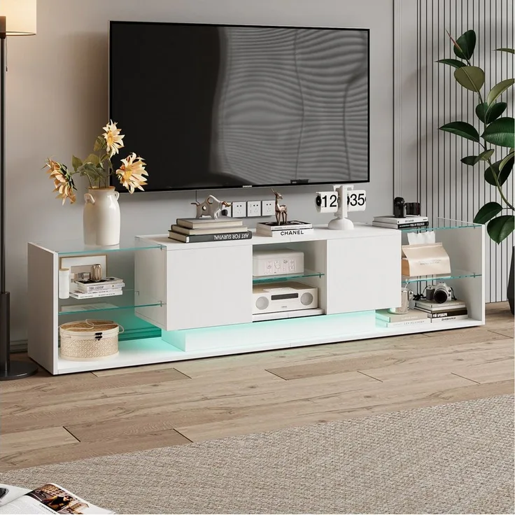 FUROKOY Lowboard Hochglanz-TV-Schrank, für bis 75 Zoll (Fernsehtisch, Fernsehschrank, TV Board), für Wohnzimmer und Schlafzimmer, 200 x 35 x 45 cm, Weiß