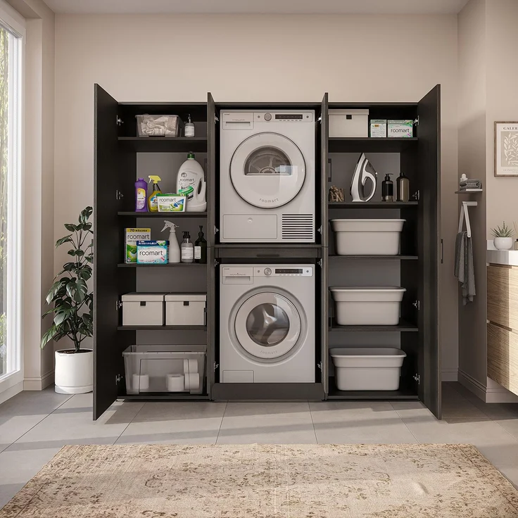 Roomart Waschmaschinenschrank - DORA-I- 190 cm breit - Wasch- & Trocknerschrank mit 2 Hochschränken, Türen & Ausziehbrett, Waschmaschinen-Überbau für Waschküche & Hauswirtschaftsraum • Schwarz-Eiche – Bild 6