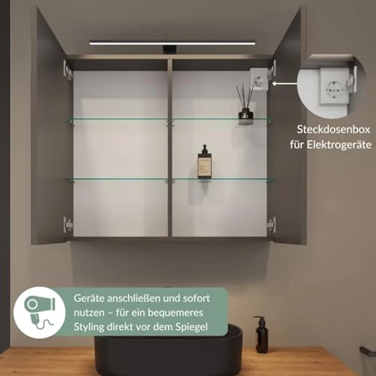 Planetmöbel ARIA Spiegelschrank Bad mit Beleuchtung 80 cm breit | Badschrank hängend mit Spiegel | Anthrazit, mit Leuchte und Steckdose, Spiegelschrank Gäste WC 80 x 70 x 16 cm – Bild 8