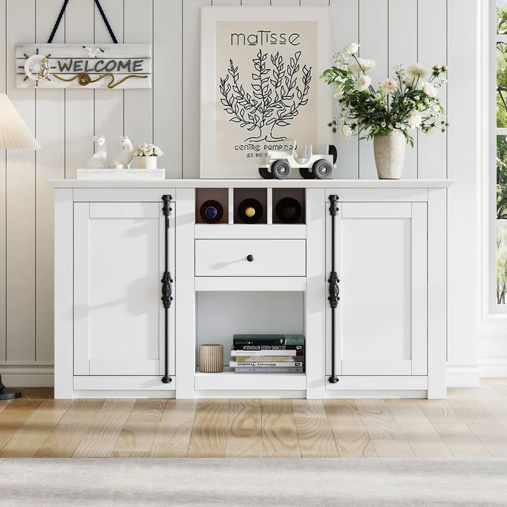 Sideboard 130 cm Weiß mit 2 Türen, 1 Schublade, Weinregal, Kommode für Wohnzimmer, Anrichte mit Stauraum und Präsentationsfläche – Bild 3