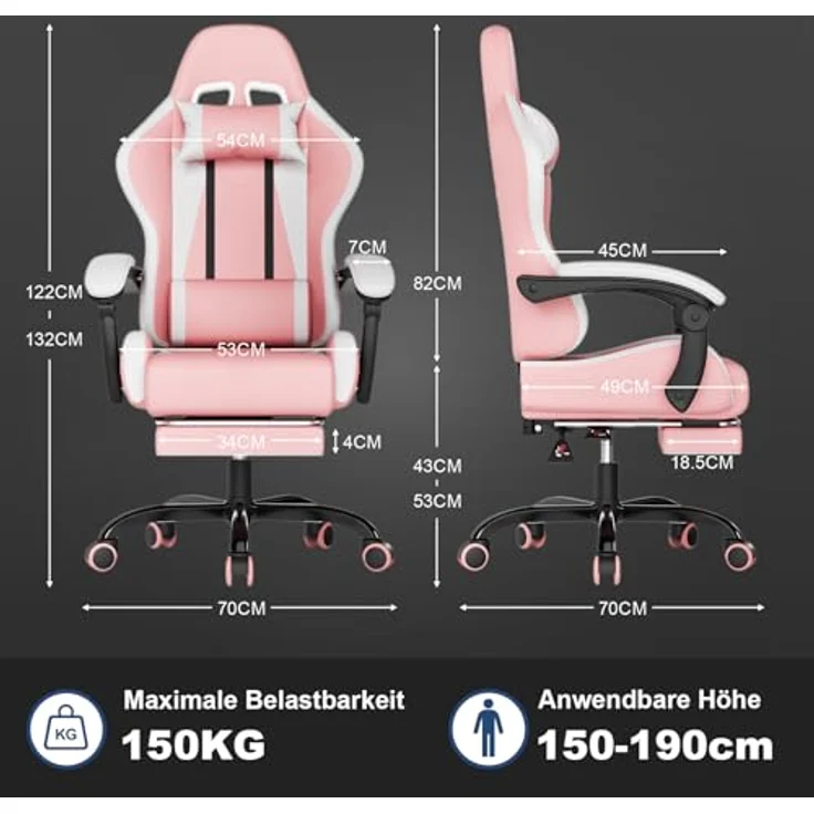 JUMMICO Gaming Stuhl, Bürostuhl Ergonomisch Mit Massagefunktion, Gamer Stuhl verstellbare Rückenlehne 90-135°,und fußstütze, Gamingstuhl 150 kg belastbarkeit, rosa – Bild 3