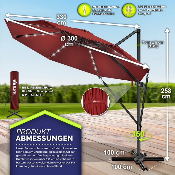 tillvex® Premium Alu Sonnenschirm 330 cm Rot + Abdeckung & Windsicherung | Ampelschirm 6-Fach Verstellbar mit Kurbel | Gartenschirm 360° Drehbar Neigbar Kippbar | Kurbelschirm UV50+ Groß wasserdicht – Bild 5