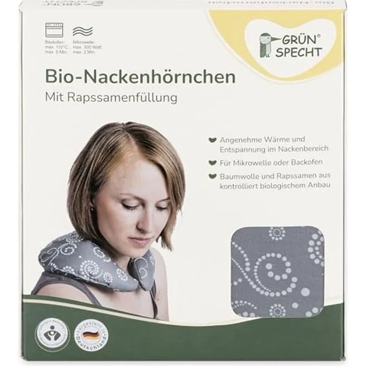 GRÜNSPECHT Bio-Nackenhörnchen, Wärmekissen für Nacken und Schulter, bei Verspannungen und Schmerzen, Bezug aus 100% Baumwolle (kbA), für Mikrowelle & Backofen, grau (609-V1)