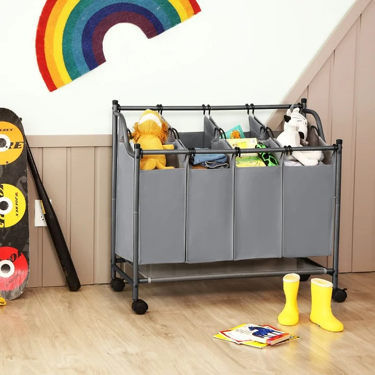 Songmics Wäschesammler auf Rollen mit 4 Fächern, Polyester Schwarz, 67/81 x 87,5 x 38,5 cm – Bild 6