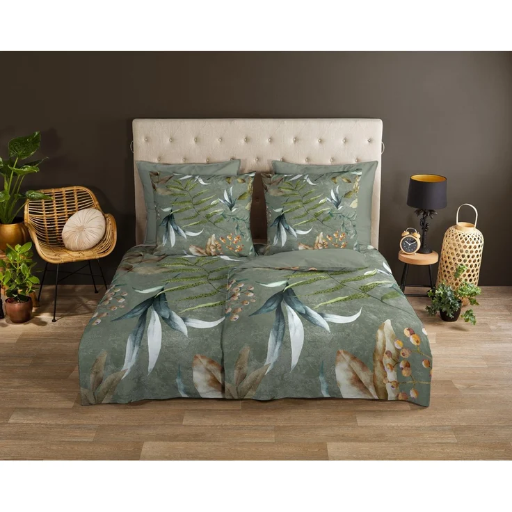 good morning Wendebettwäsche Janika, Renforcé, 3 teilig, 100% Baumwolle, Renforcé, Reißverschluss, Wendeoptik, Blätter, grün – Bild 1
